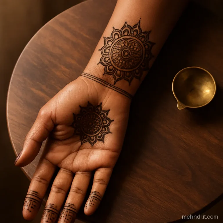Large forearm mandala linked by thin bands to a small palm mandala